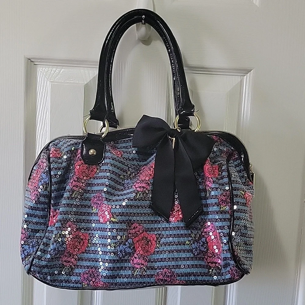 Betsy Johnson Turquoise with Pink Roses and Sequins Purse